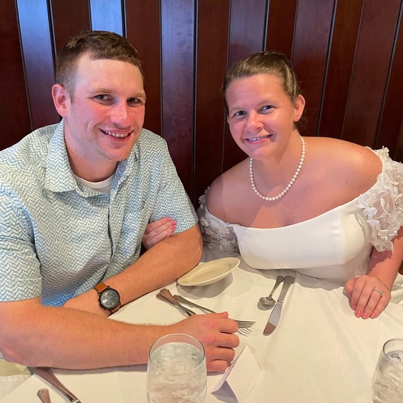 David’s Bridal off-the-shoulder floral puff sleeve jumpsuit - Picture 5 of 14